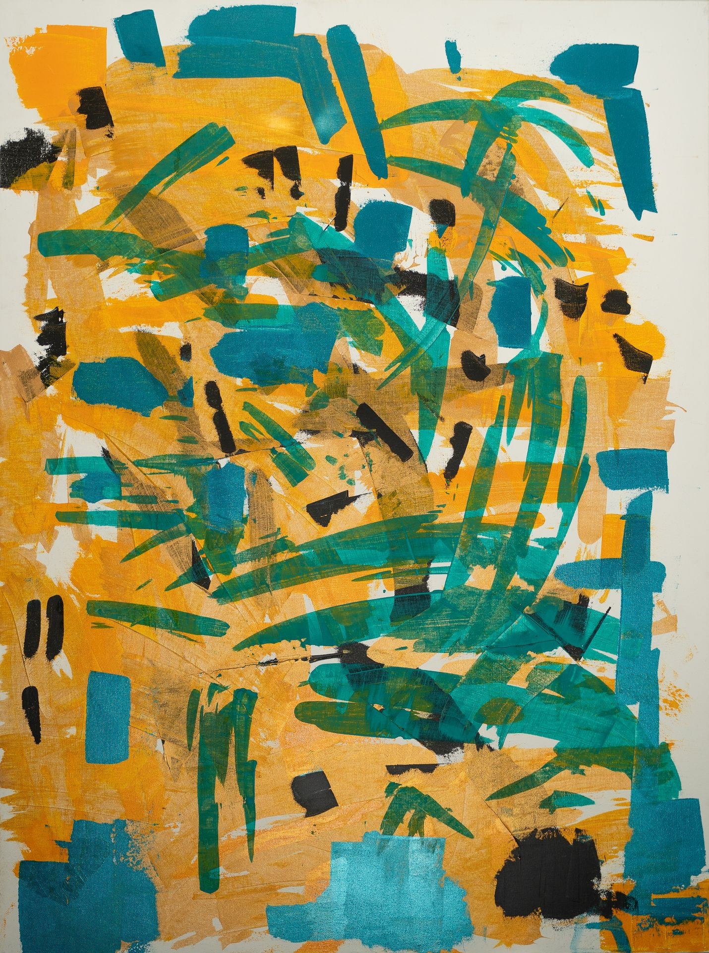 Abstract painting with bold teal, yellow, and black brushstrokes on a white background.