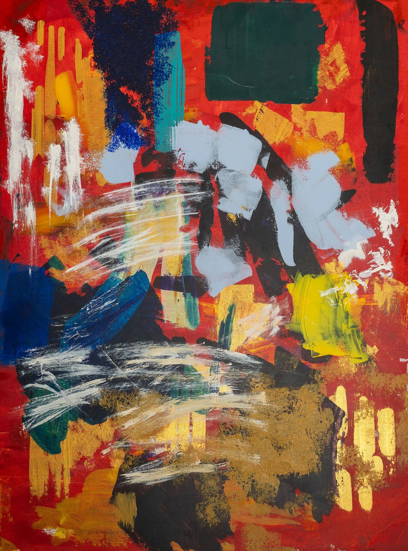 Abstract painting with vibrant red, blue, yellow, and white brushstrokes on canvas.