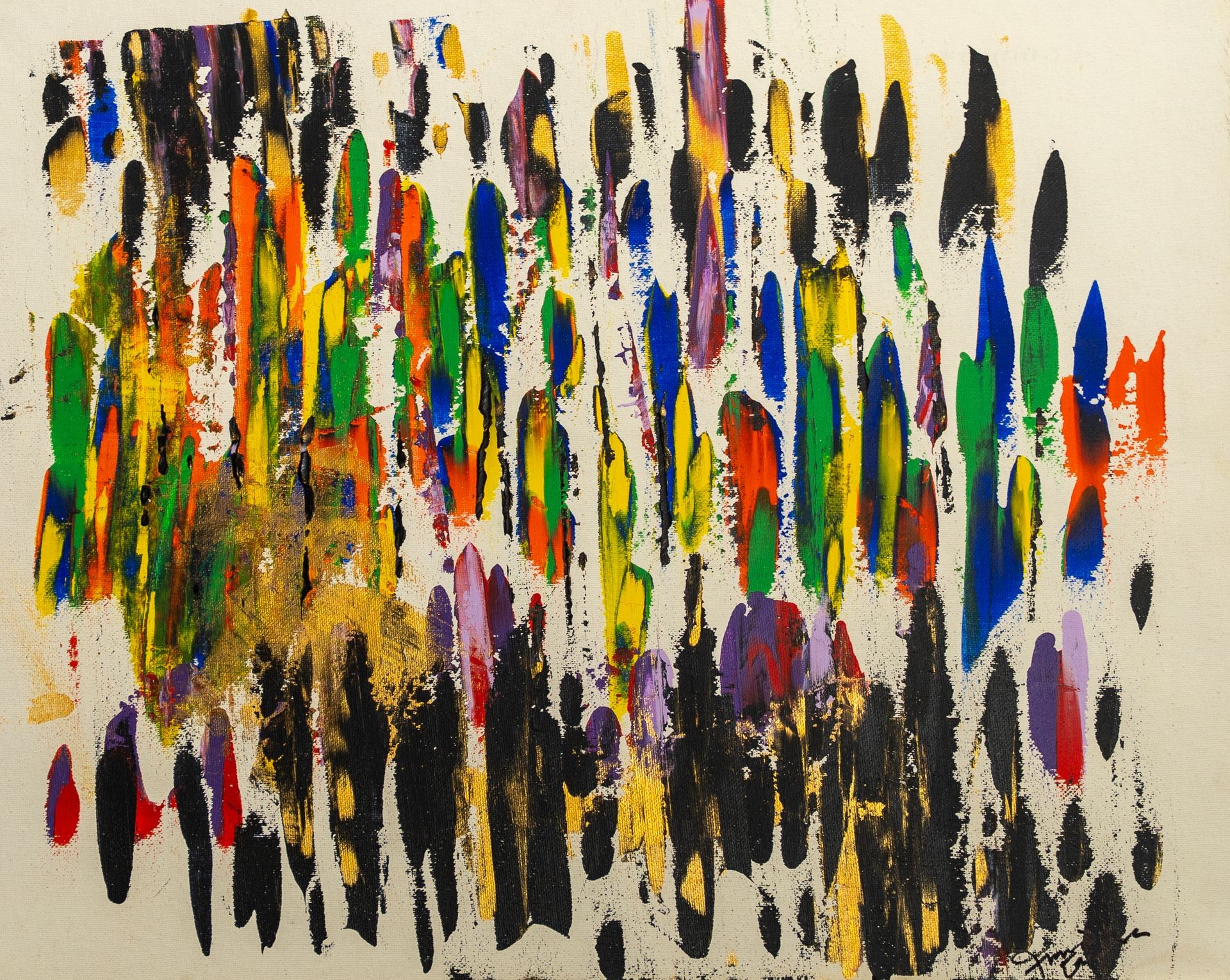 Abstract painting with colorful vertical streaks and black brush strokes on a light background.