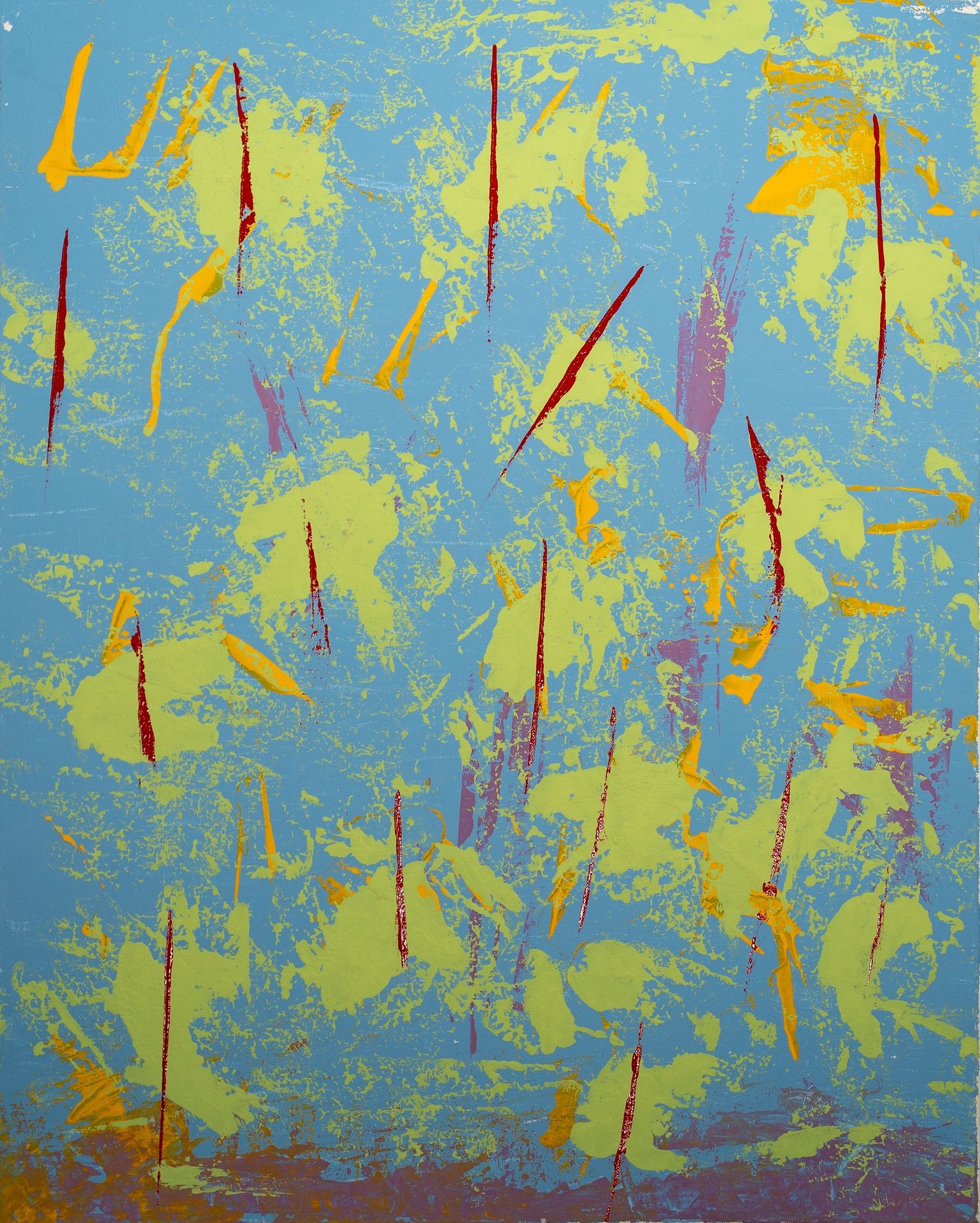 Abstract painting with blue, yellow, and green patches, and red streaks throughout the composition.
