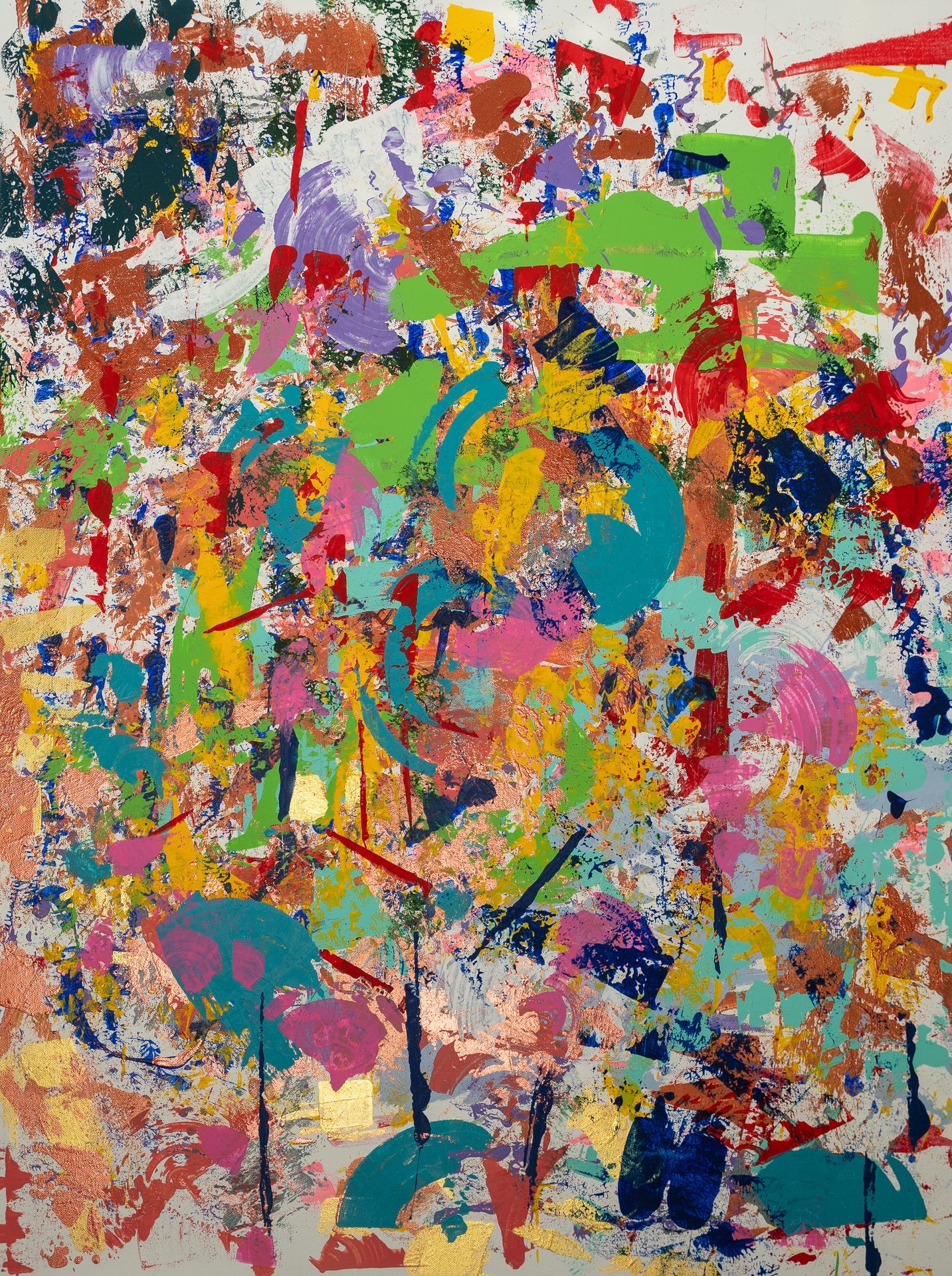 Vibrant abstract painting with swirling and overlapping brushstrokes in various bright colors and textures.