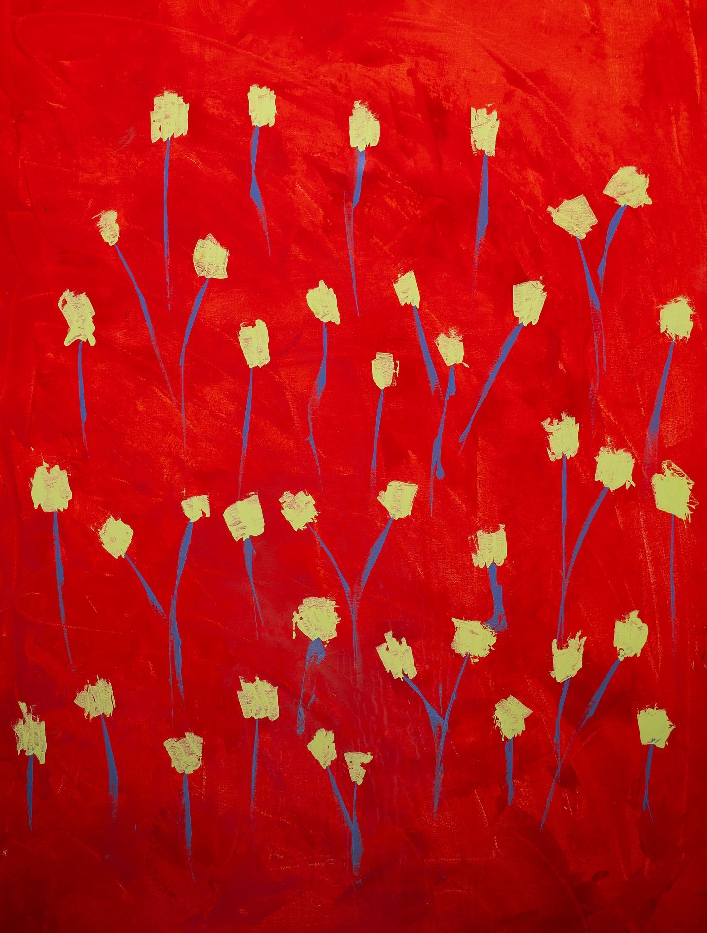 Abstract painting of yellow flowers with blue stems on a red background.
